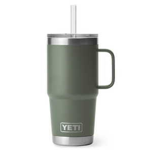 Insulated stainless steel tumbler with a handle and straw, colored in dark green and branded with the YETI logo.