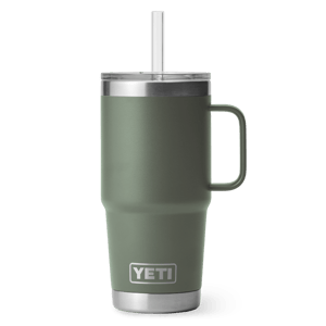 Insulated stainless steel tumbler with a handle and straw, colored in dark green and branded with the YETI logo.