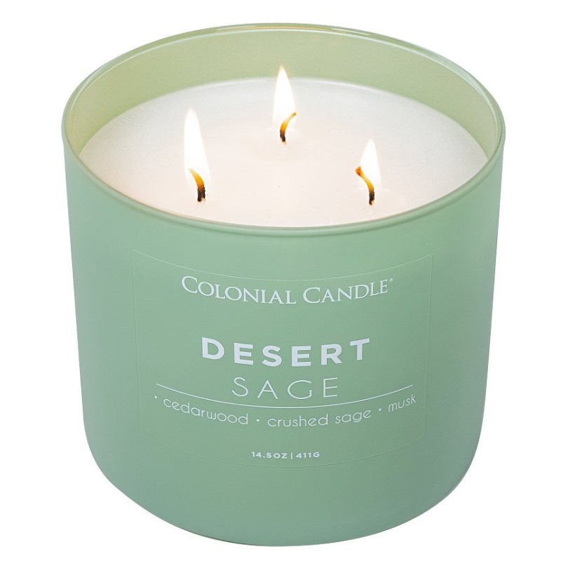 Colonial Candle Desert Sage scented candle with cedarwood, crushed sage, and musk notes, featuring three wicks.