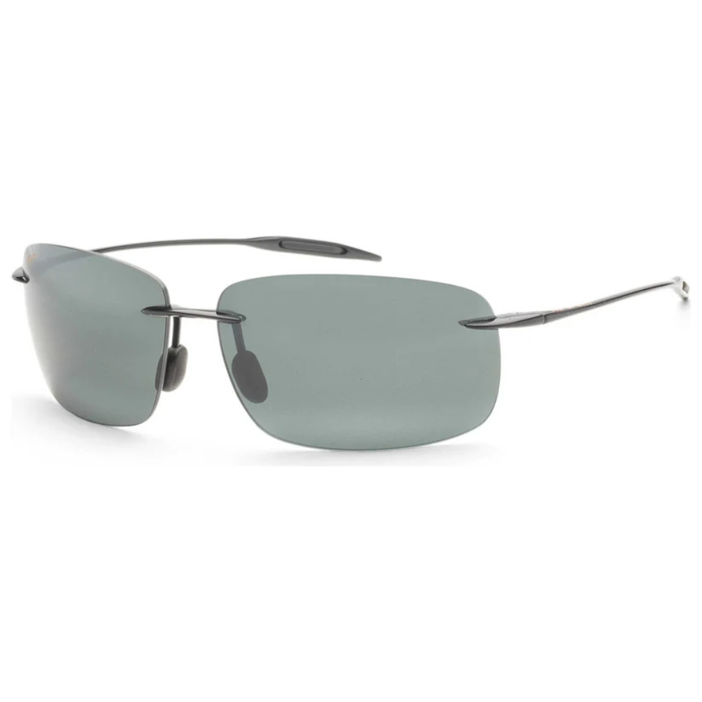 Rectangular rimless sunglasses with dark gray lenses and slim metal arms.