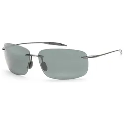 Rectangular rimless sunglasses with dark gray lenses and slim metal arms.