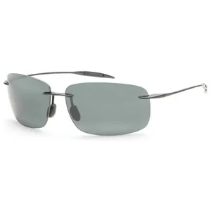 Rectangular rimless sunglasses with dark gray lenses and slim metal arms.