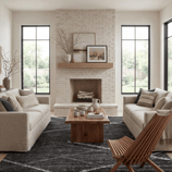 A modern living room with beige sofas, a wooden chair, a dark patterned rug, and a wooden coffee table. The white brick fireplace features a wood mantel with framed art and vases. Large windows provide natural light, highlighting a minimalist aesthetic.