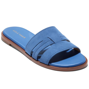 Cole Haan Flynn Suede Sandals feature a blue suede upper with a wide strap and braided detail, a blue footbed, and a flat brown sole.