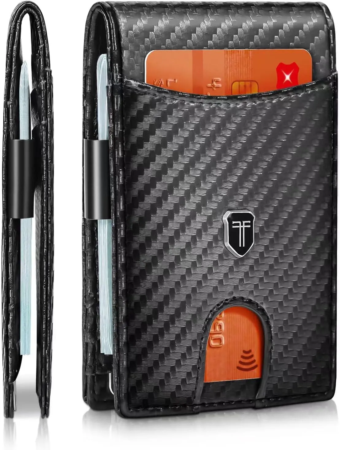 Sleek RFID-blocking carbon fiber wallet with a minimalist design, featuring multiple card slots and a money clip.