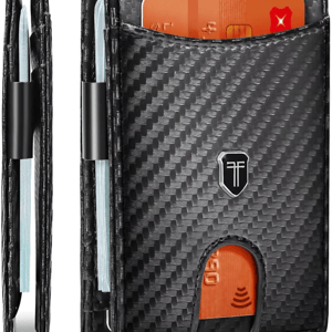Sleek RFID-blocking carbon fiber wallet with a minimalist design, featuring multiple card slots and a money clip.