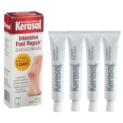 Kerasal Intensive Foot Repair, clinically proven with visible results in 1 day, includes multiple tubes aimed at softening severely dry skin and cracked heels.