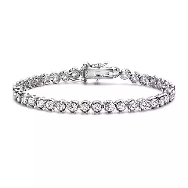 A sterling silver bracelet featuring a row of round-cut stones set in bezel settings for a sleek, elegant design.