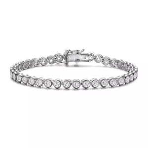 A sterling silver bracelet featuring a row of round-cut stones set in bezel settings for a sleek, elegant design.