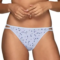 A pair of light blue bikini-style underwear with double side straps and a pattern of small blue and purple heart shapes.