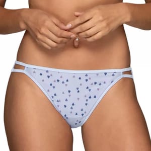 A pair of light blue bikini-style underwear with double side straps and a pattern of small blue and purple heart shapes.