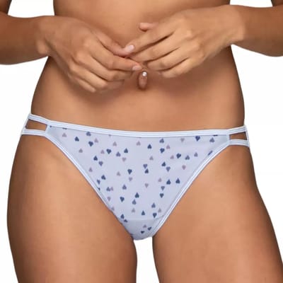 A pair of light blue bikini-style underwear with double side straps and a pattern of small blue and purple heart shapes.