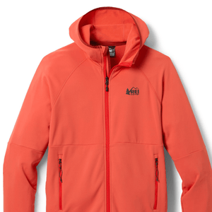 Red hooded jacket with zippered front and pockets, featuring the REI Co-op logo on the chest.