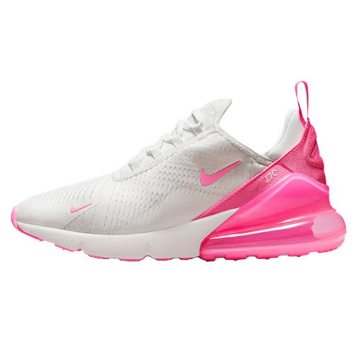 White and pink athletic shoe featuring a pink sole, Nike swoosh, and an Air Max heel design for cushioning.