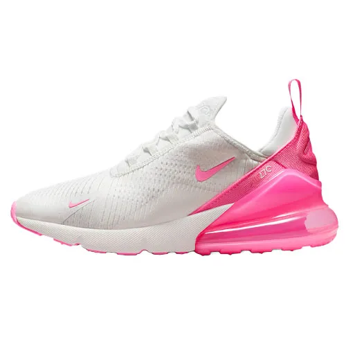 White and pink athletic shoe featuring a pink sole, Nike swoosh, and an Air Max heel design for cushioning.