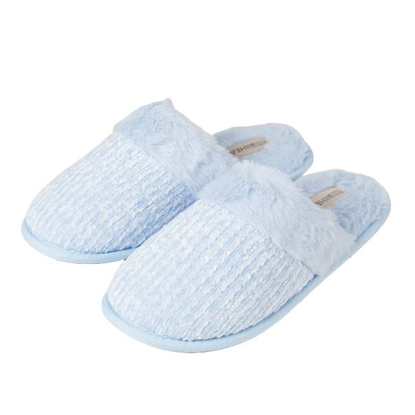 Light blue, plush slippers with a textured knit upper and fuzzy lining, designed for comfort and warmth.