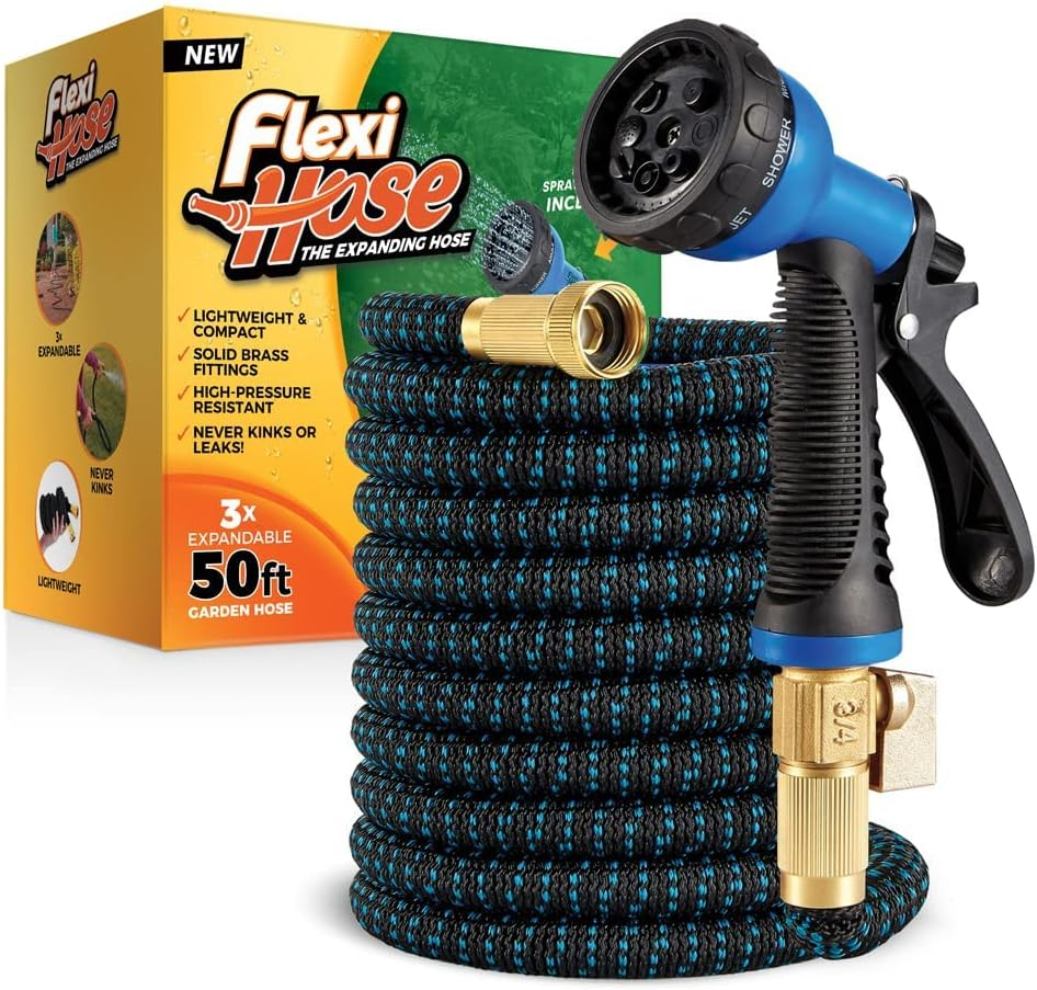 Flexi Hose, an expandable garden hose, extends to 50ft. It features lightweight design, solid brass fittings, and high-pressure resistance. A multi-pattern spray nozzle is included, and it's advertised as kink and leak-resistant.