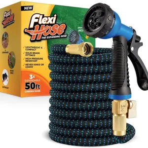 Flexi Hose, an expandable garden hose, extends to 50ft. It features lightweight design, solid brass fittings, and high-pressure resistance. A multi-pattern spray nozzle is included, and it's advertised as kink and leak-resistant.