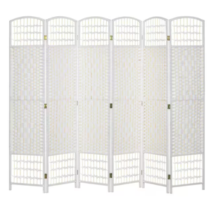 White folding room divider with six lattice-designed panels.