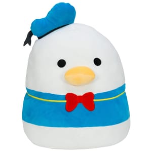 A plush toy resembling Donald Duck as a Squishmallow, featuring a round white body, blue sailor outfit, red bow, and blue hat with black ribbon.