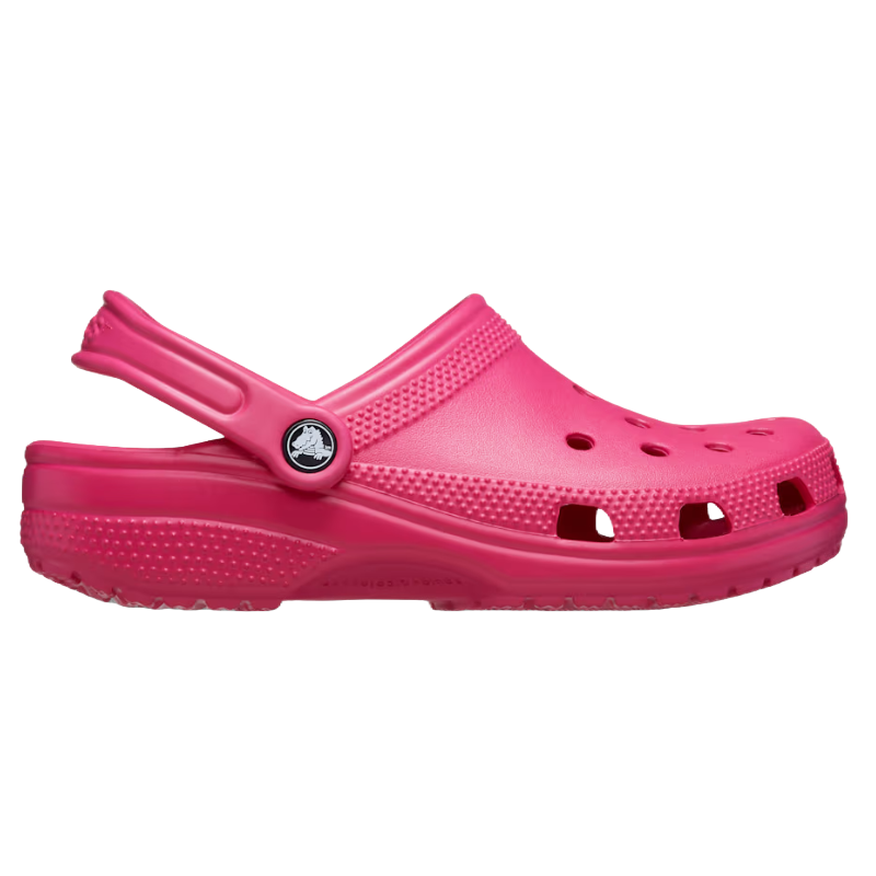 Pink Crocs Classic Clog with a ventilated upper, adjustable heel strap, and cushioned sole featuring the Crocs logo on the side button.