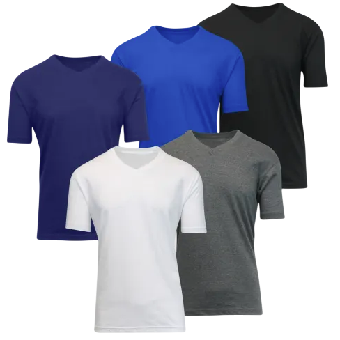 A set of five V-neck short-sleeve T-shirts in black, royal blue, navy blue, white, and gray.