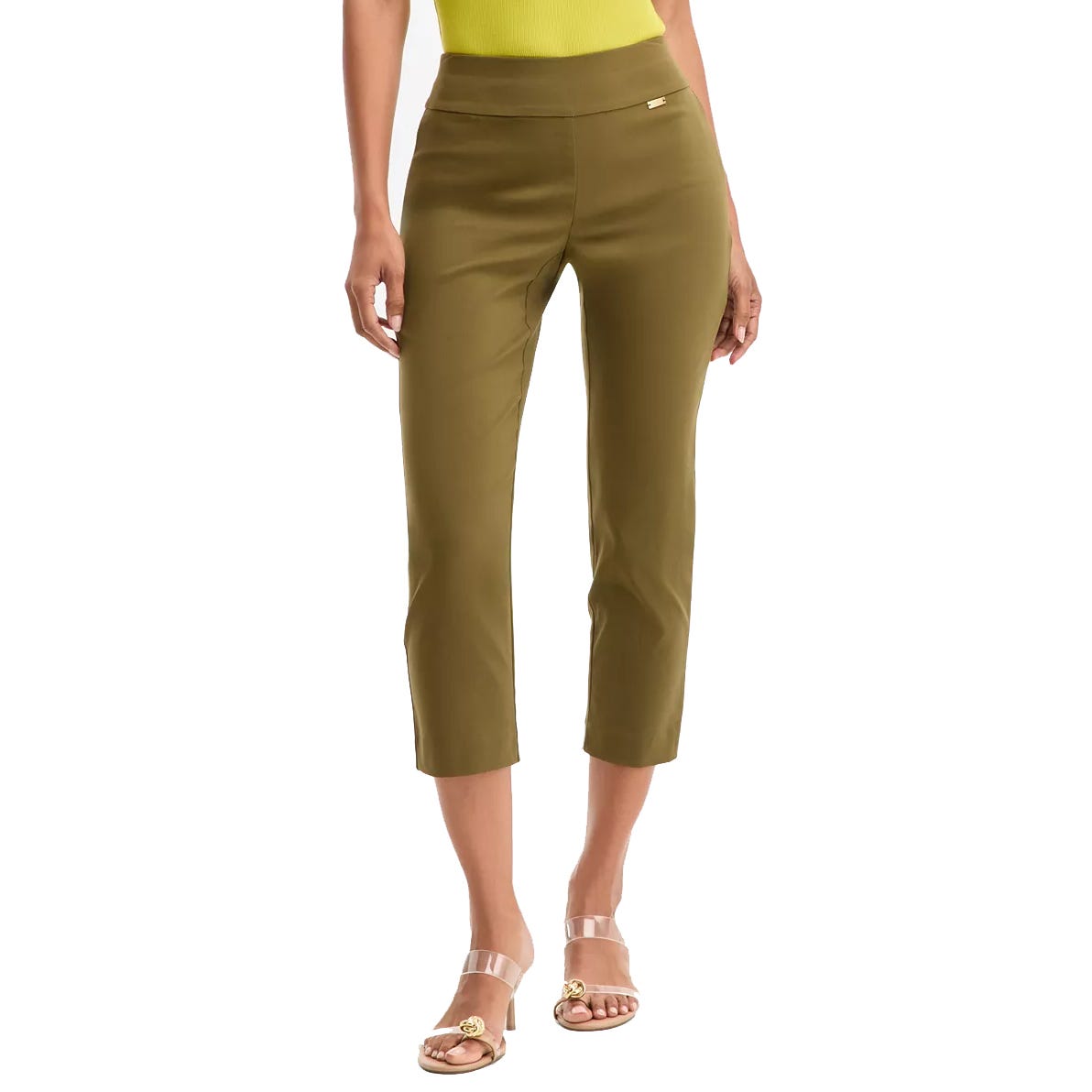 Olive green capri pants paired with clear strap sandals featuring gold embellishments, worn with a lime green top.