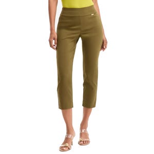 Olive green capri pants paired with clear strap sandals featuring gold embellishments, worn with a lime green top.