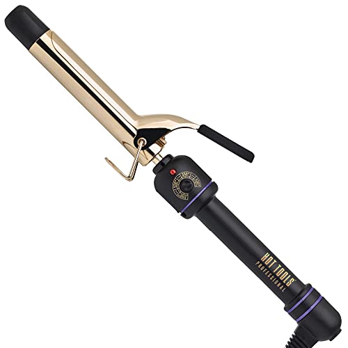 Gold-plated barrel curling iron with a black handle, a rotating temperature control dial, and a flipper to hold hair in place.