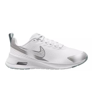 A white athletic shoe with a metallic silver swoosh, featuring a mesh upper, lace closure, and visible air cushioning in the sole for comfort.
