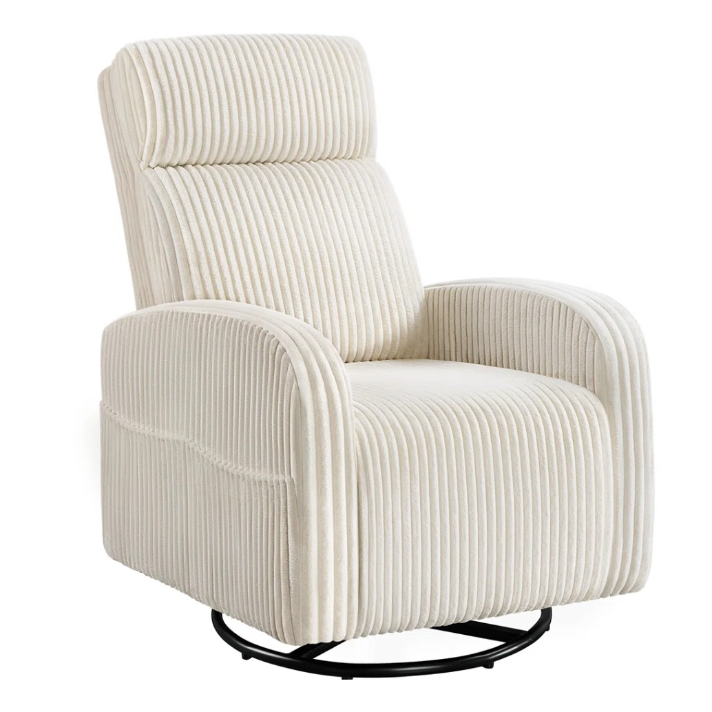A cream-colored, ribbed-textured swivel glider chair with a high back and soft, rounded armrests on a black circular base.