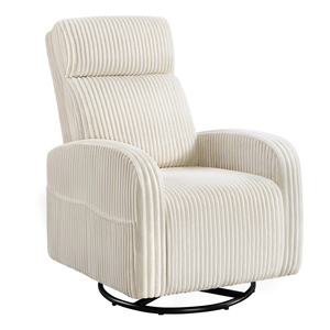 A cream-colored, ribbed-textured swivel glider chair with a high back and soft, rounded armrests on a black circular base.