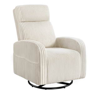 A cream-colored, ribbed-textured swivel glider chair with a high back and soft, rounded armrests on a black circular base.