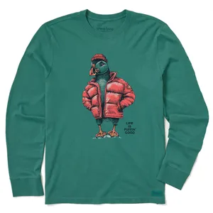 Green long sleeve tee featuring a puffin wearing a red puffer jacket and beanie, with the text \“Life is Puffin’ Good\“ printed beneath the graphic.