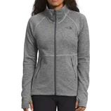 A gray full-zip jacket with a high collar, featuring The North Face logo on the chest and two zippered side pockets.