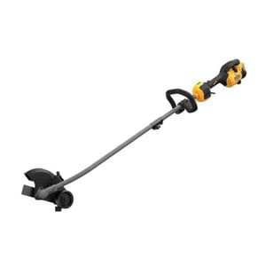 A DeWalt lawn edger with a long, straight shaft, ergonomic handle, and a motor at the top end. It features a cutting blade at the base, designed for precision edging of lawns and pathways.