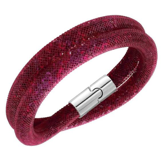 A double-strand red bracelet with a textured, mesh-like design featuring a silver magnetic clasp.