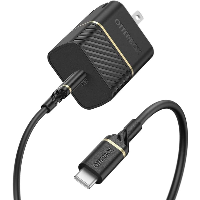 A 20W OtterBox USB-C wall charger with a matching USB-C cable, designed for charging compatible devices.
