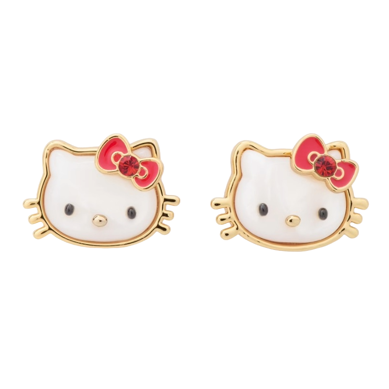 Gold-tone Hello Kitty stud earrings featuring her iconic face with a white enamel finish, black eyes and nose, and a red bow adorned with a small gem on her left ear.