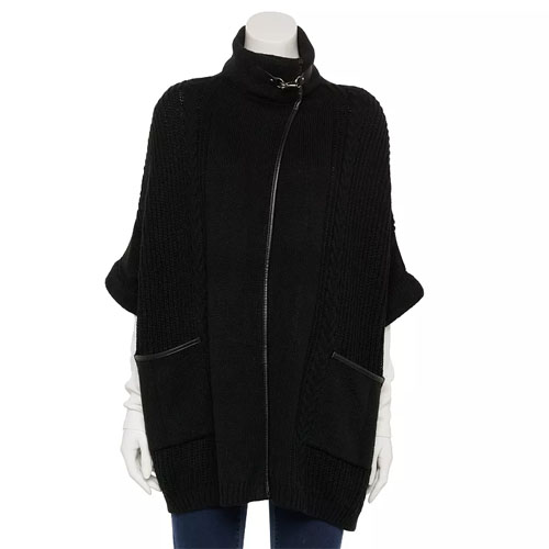 Black knit zip-up cape with two front pockets and short sleeves, displayed on a mannequin.