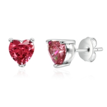 Silver heart-shaped stud earrings featuring red gemstones with a secure back clasp design.