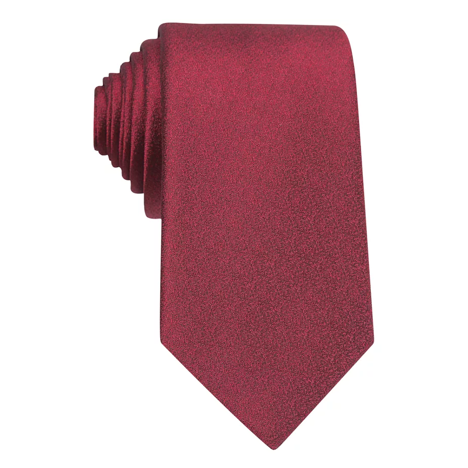 A burgundy silk tie with a smooth texture and a slight sheen, featuring a classic pointed tip design.