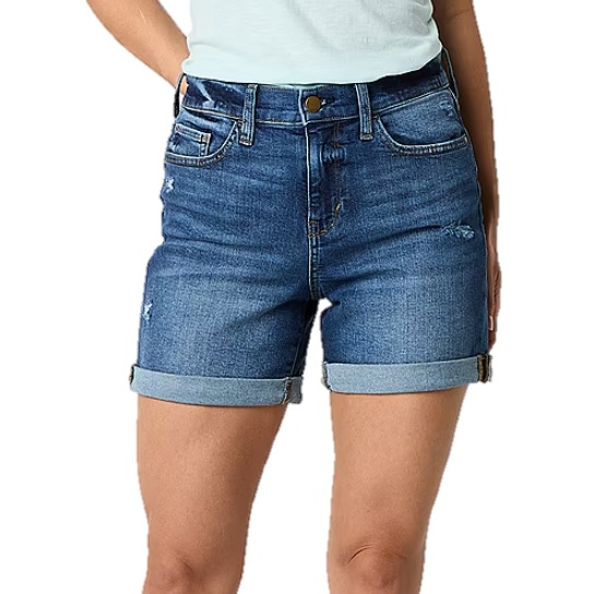 High-waisted denim shorts with a rolled hem and distressed details, featuring front and back pockets and a front button closure.