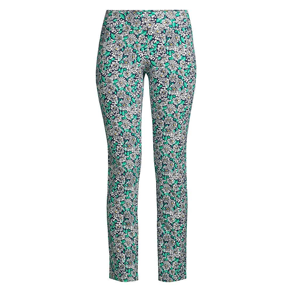 Floral-patterned slim-fit women's pants in a mix of green, white, and black shades.