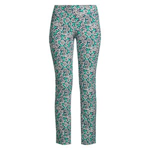 Floral-patterned slim-fit women's pants in a mix of green, white, and black shades.