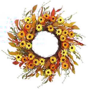 A 20-inch wreath featuring faux daisies, orange flowers, and red leaves set against a twig base, creating a vibrant autumnal display.