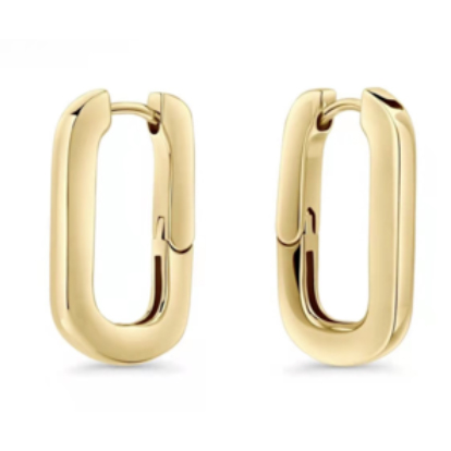 Gold rectangular hoop earrings with a sleek, modern design featuring a hinged closure.