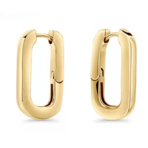 Gold rectangular hoop earrings with a sleek, modern design featuring a hinged closure.