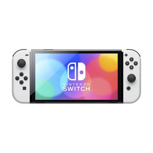 The Nintendo Switch OLED model features a 7-inch OLED screen with vibrant colors, detachable white Joy-Con controllers, and enhanced audio.