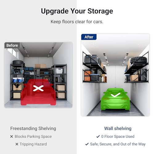 Comparison of garage storage: Before shows freestanding shelving blocking car space; After shows wall shelving with clear floor for parking, improving safety and space.